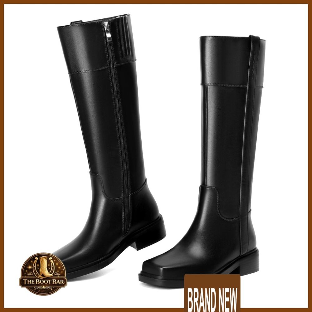 Knee High Boots Zipper Square Toe Chunky Heel Trendy Minimal Chic Casual Wear